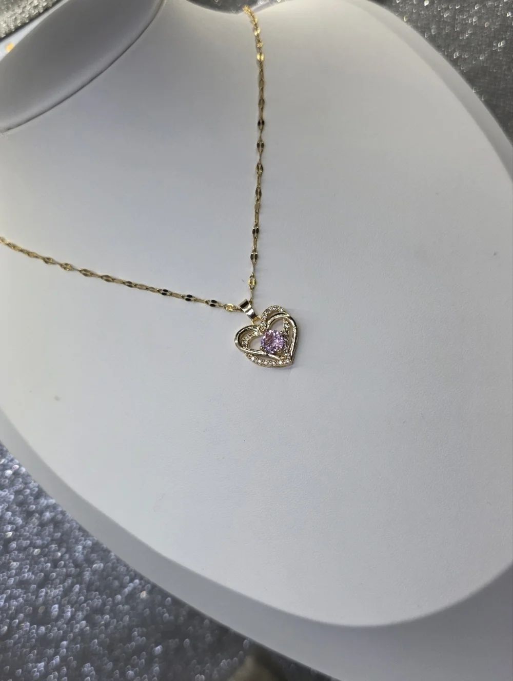 18K Gold Plated Titanium Pink Diamond Choker Pendant Double Heart Necklace